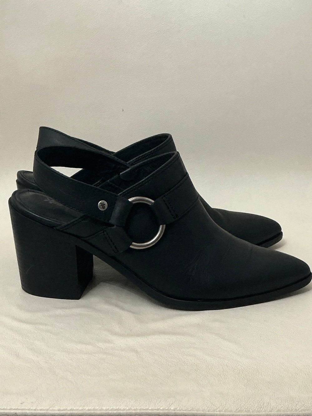 Frye Flynn Harness Black Leather Mule with Silver Ring Accent - 9.5
